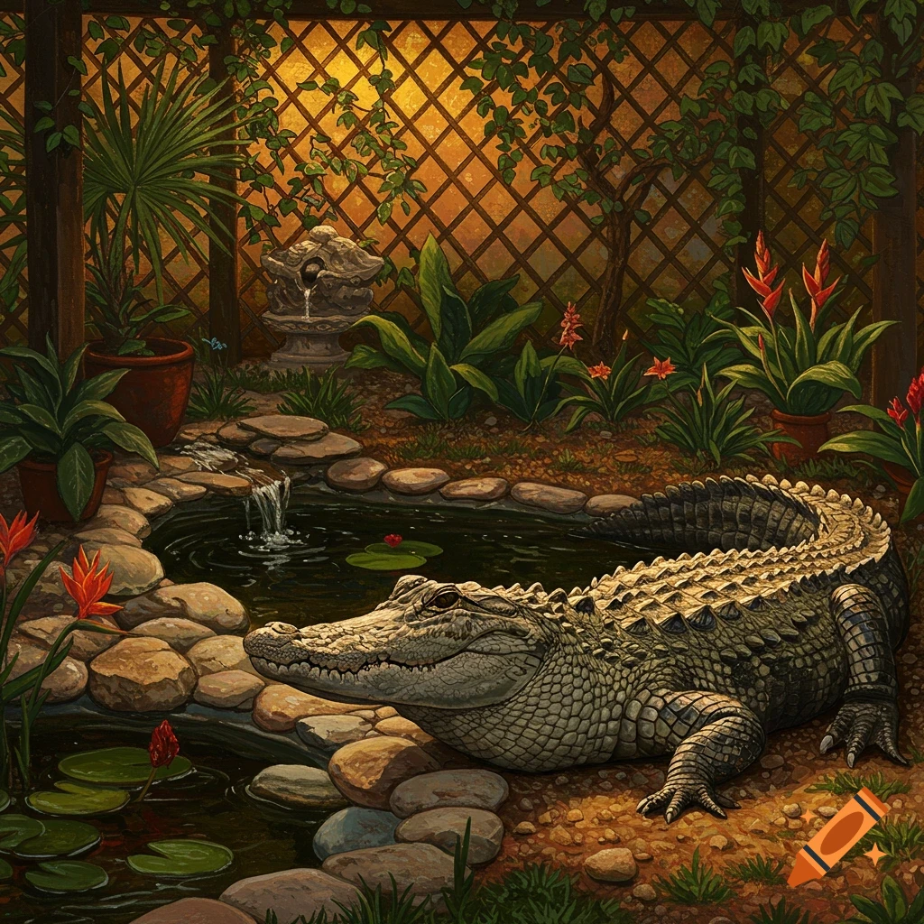 A large alligator rests by a rock-lined pond in a lush garden with a wooden fence, tropical plants, and a fountain.