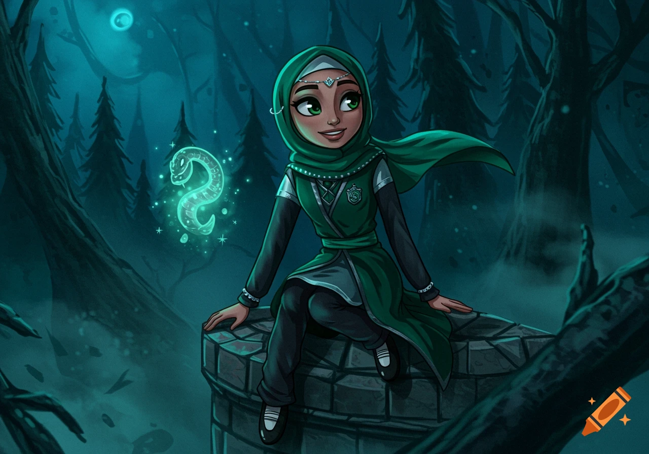 A smiling cartoon girl in a green hijab and Slytherin robes sits on a stone well in a dark, misty forest, with a glowing green snake spirit beside her.