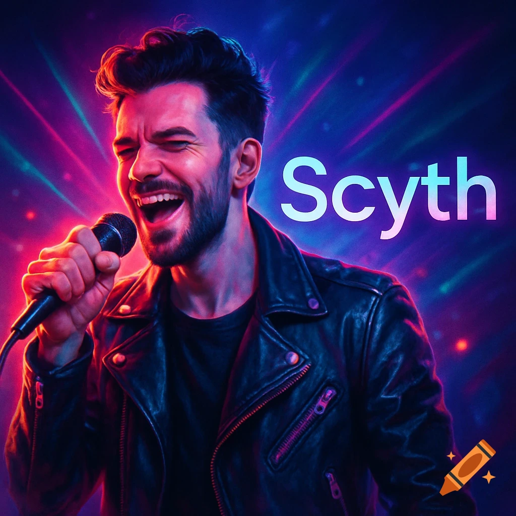 A man singing into a microphone on a neon-lit stage, with the name "Scyth" in the background.