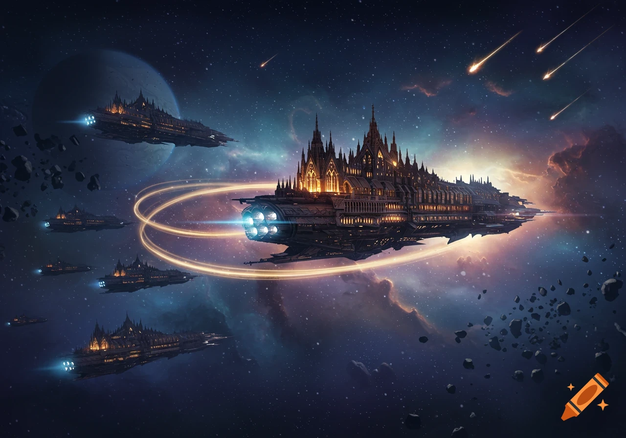A fleet of large, ornate spaceships resembling cathedrals flying through space with planets, asteroids, and meteors.