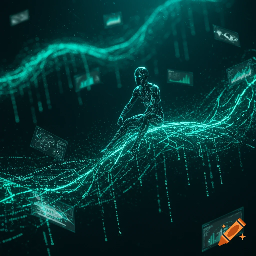 A glowing green circuit-like figure sits on a wave of data lines and floating digital screens in a dark, abstract space.