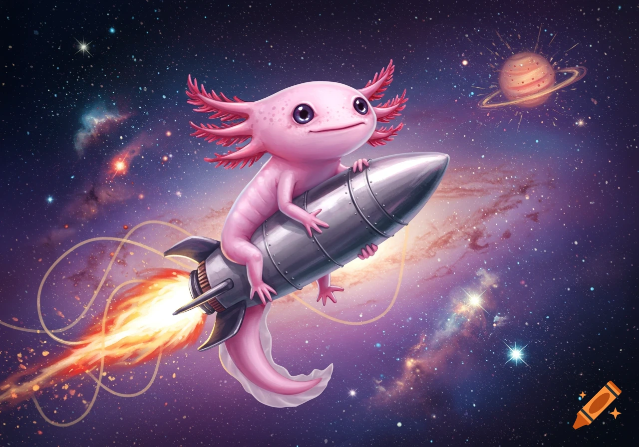 A cute pink axolotl happily rides a silver rocket ship through a colorful, star-filled galaxy with a ringed planet.