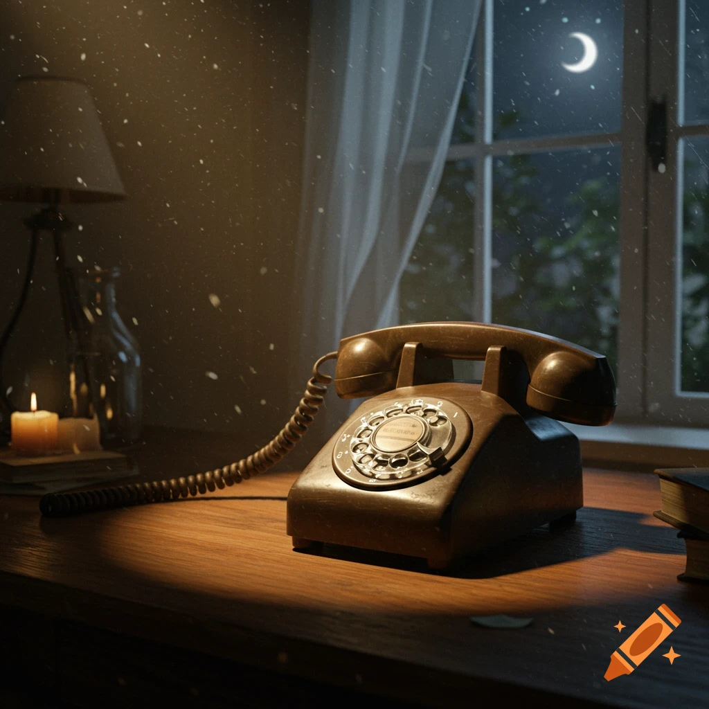 A vintage rotary telephone on a desk, lit by a lamp and candle, with a snowy night visible through the window.
