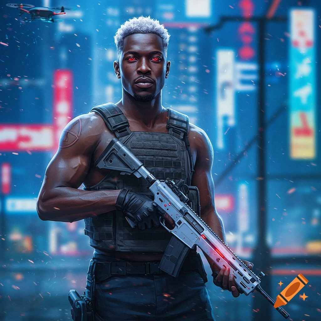 Photorealistic man with white hair, red eyes, tactical vest, holding a rifle in a neon-lit cyberpunk city. Drone above.