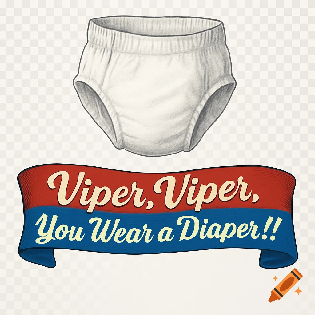 A white cartoon diaper with a red and blue banner below it that reads 'Viper, Viper, You Wear a Diaper!!'