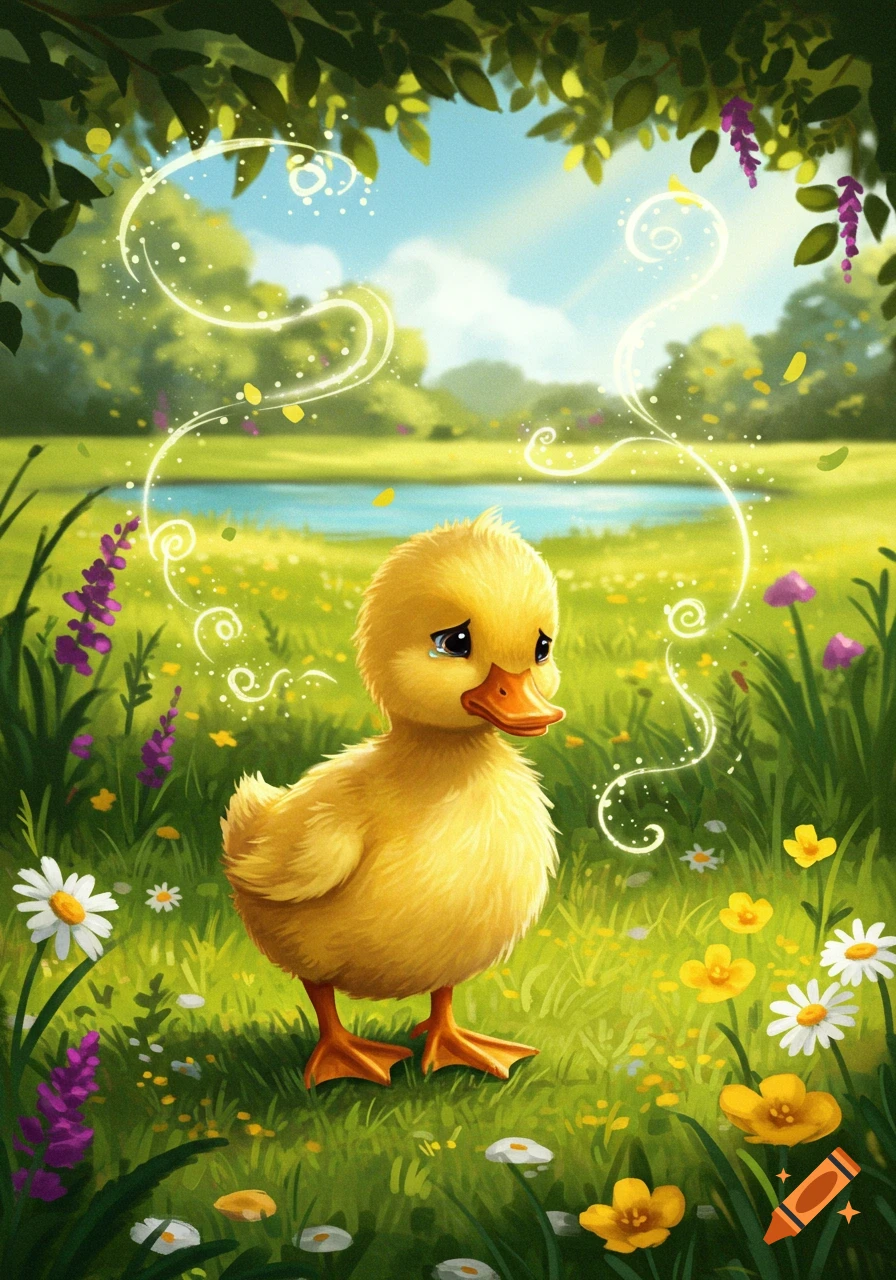 A sad yellow duckling with a tear stands in a vibrant green meadow of wildflowers under trees, with a pond and swirling lights.