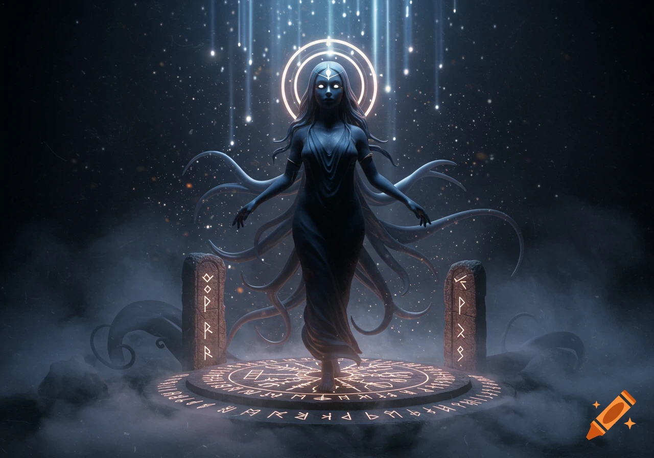 A mysterious dark figure with glowing eyes and an aura, standing on a glowing runic circle amidst smoke and falling stars, flanked by runic pillars.