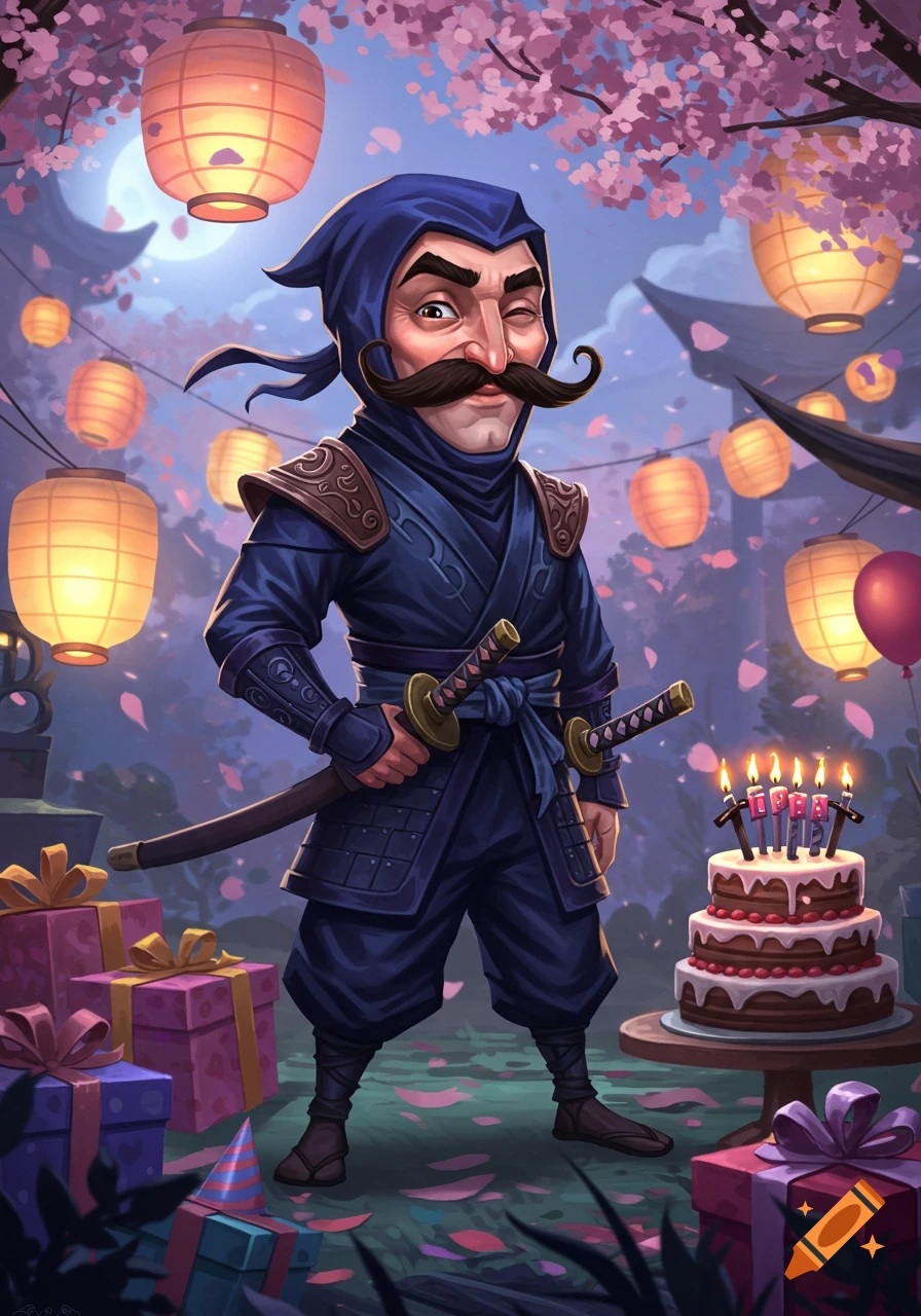 A winking cartoon ninja with a large mustache celebrates his birthday with a cake, presents, and lanterns under cherry blossoms.