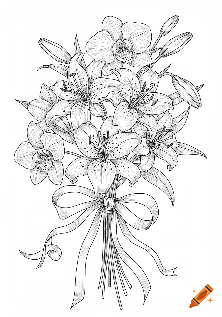 A detailed black and white line art drawing of a bouquet of orchids and tiger lilies tied with a ribbon.