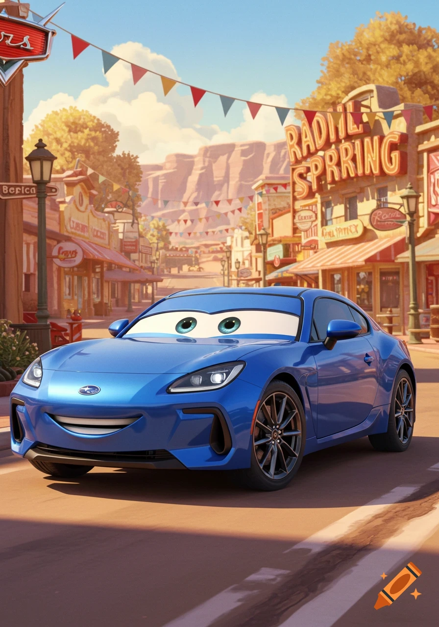 A blue Subaru BRZ car with large cartoon eyes and a smile on its windshield is parked in a vibrant, animated Radiator Springs-style town.