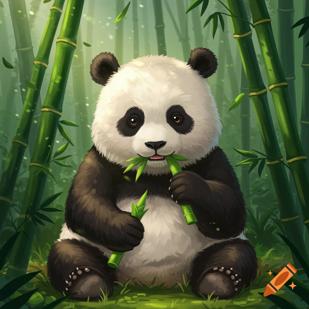 A cute cartoon panda sits in a bamboo forest, munching on bamboo shoots.
