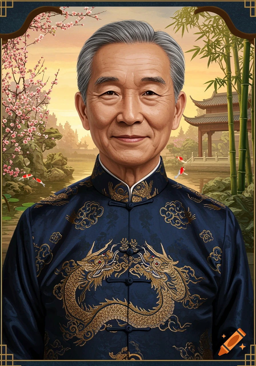 Portrait of an elderly Chinese man in a blue, gold-embroidered traditional tunic, standing in a Chinese garden with cherry blossoms and a pagoda.