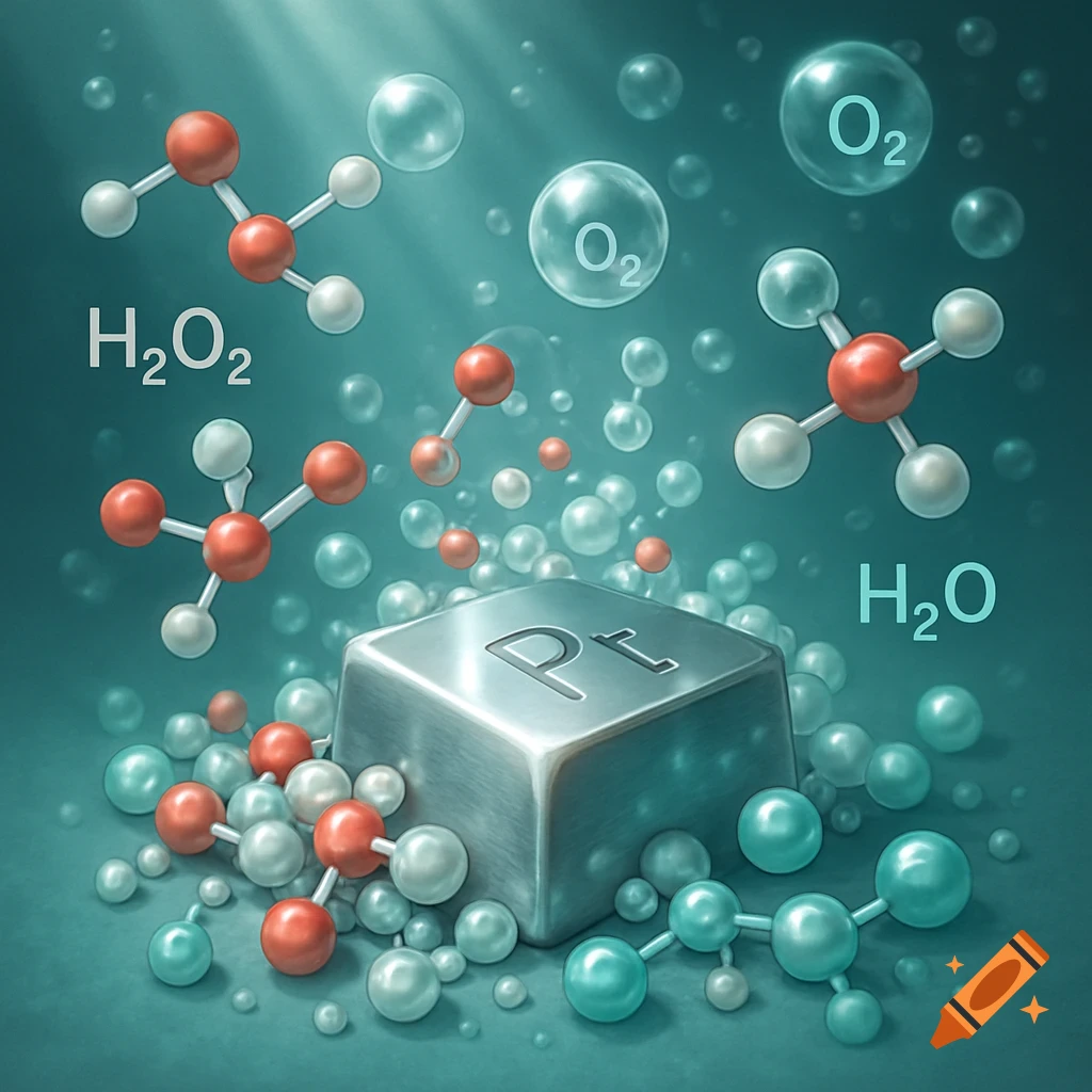 Molecular illustration of a platinum catalyst converting hydrogen peroxide into oxygen and water, with floating chemical formulas.