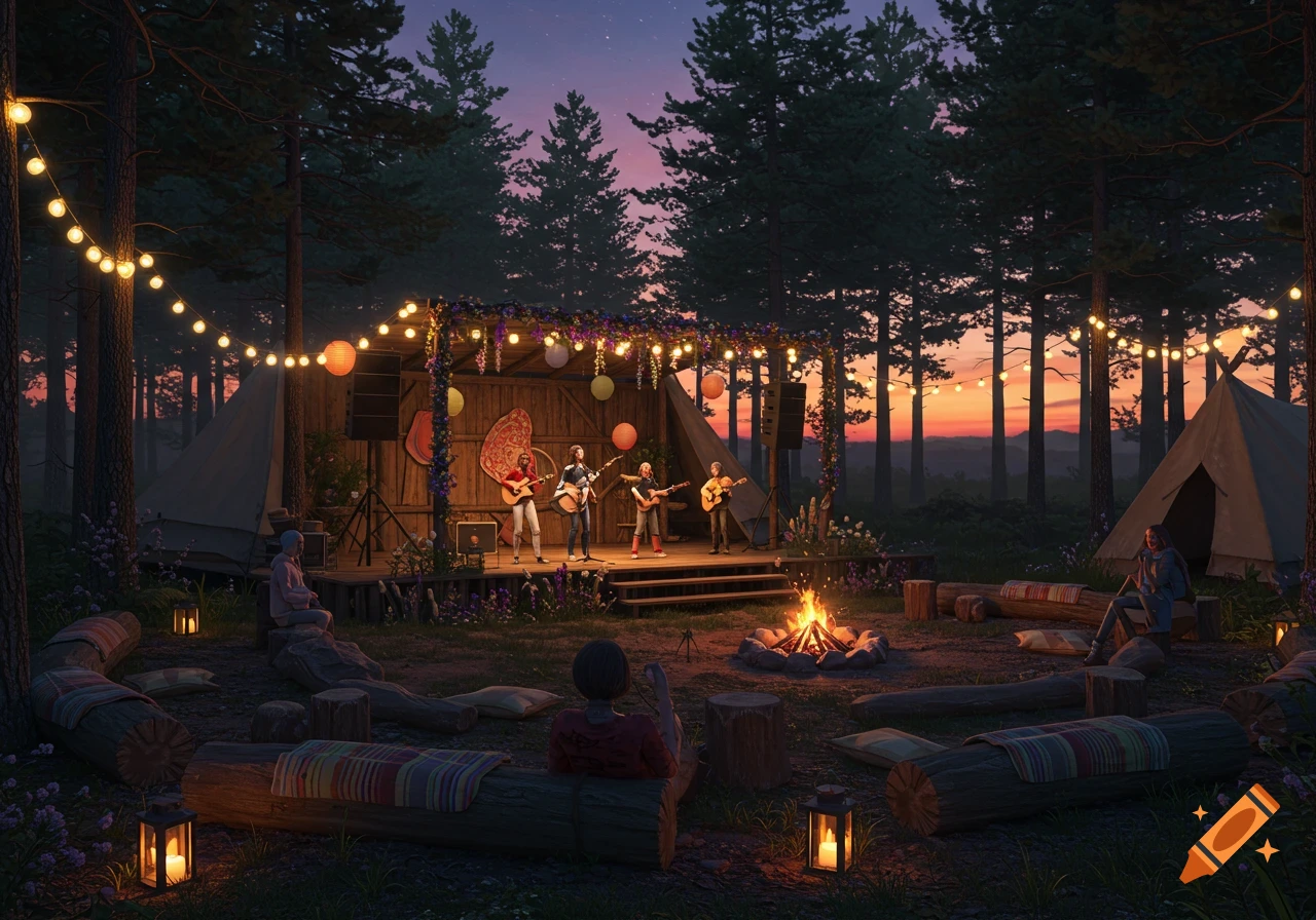 A band plays on a rustic stage at a forest camp, illuminated by string lights and a campfire at dusk. People sit on logs.