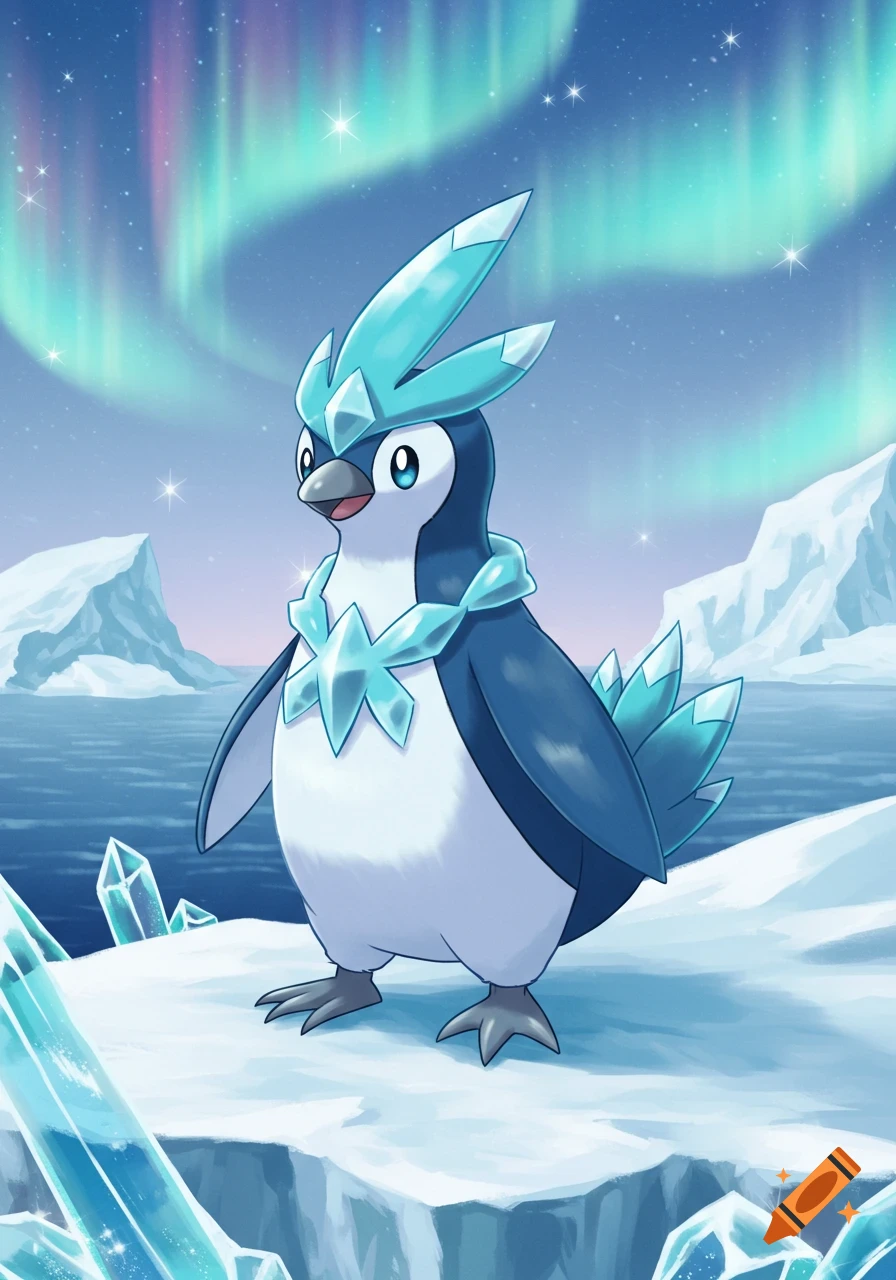 A penguin-like Pok atemon with ice crystal features stands on an ice floe under the aurora borealis.