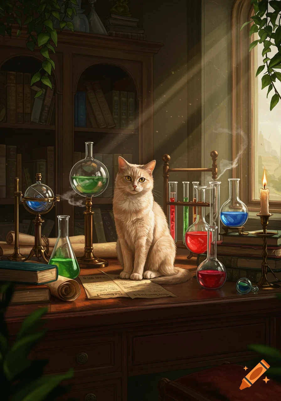 A fluffy, light brown cat sits on a wooden desk amidst various glass beakers, flasks, and chemical equipment in a sunlit alchemist's study.