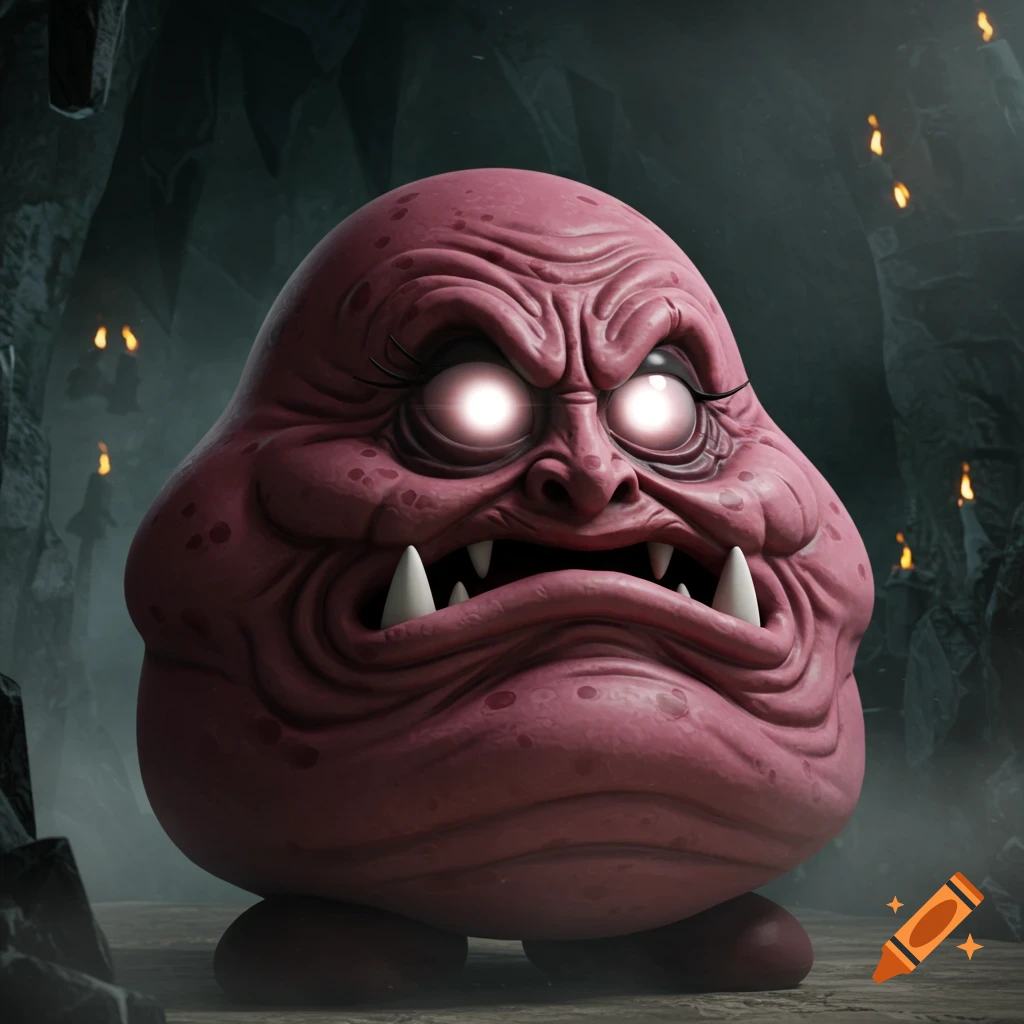 A photorealistic, creepy pink Goomba-like demon with glowing eyes and fangs, standing in a dark, rocky cave.