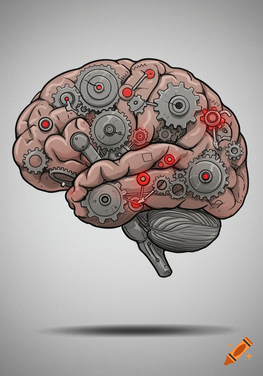 A cartoon sketch of a human brain filled with metallic gears and cogwheels, highlighted with red accents on a gray background.