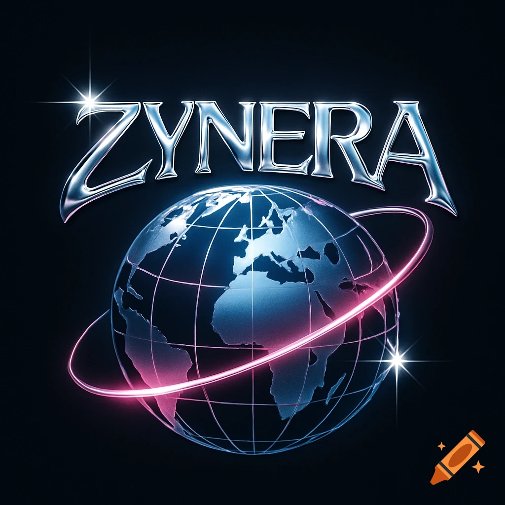 Metallic chrome text 'ZYNERA' above a glowing blue and pink globe on a dark background.