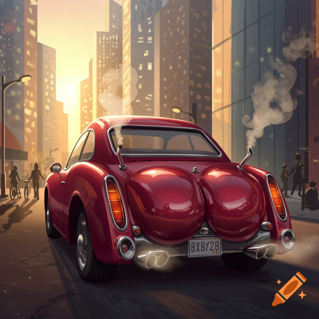A red stylized car with a rear shaped like human buttocks drives on a city street at sunset, with tall buildings.