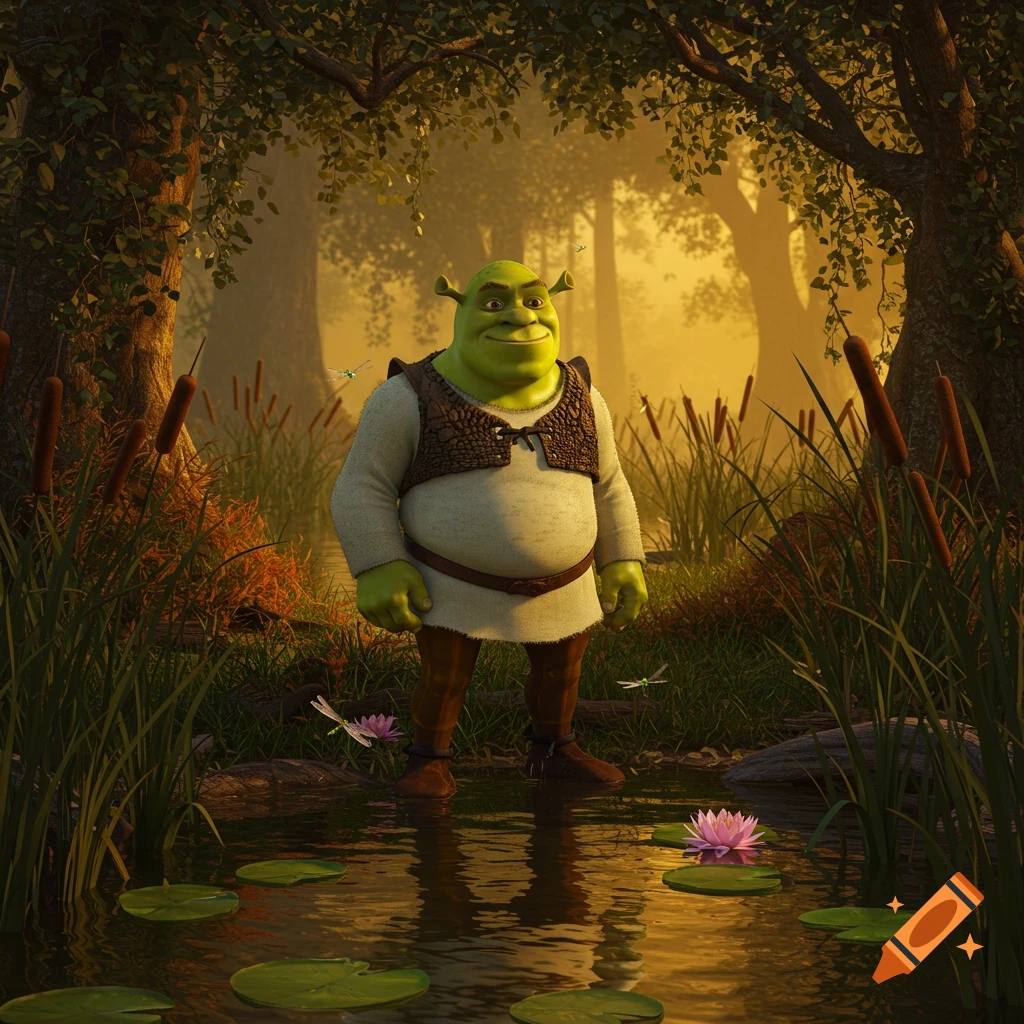 Shrek stands in a sunlit swamp with water lilies and tall reeds.