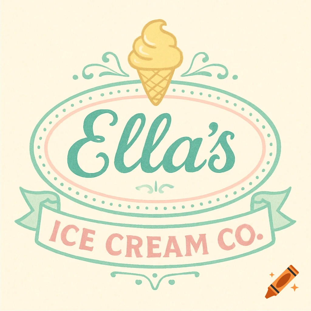 Ella's Ice Cream Co. logo in pastel colors, featuring an ice cream cone above an oval with the name and a banner below.