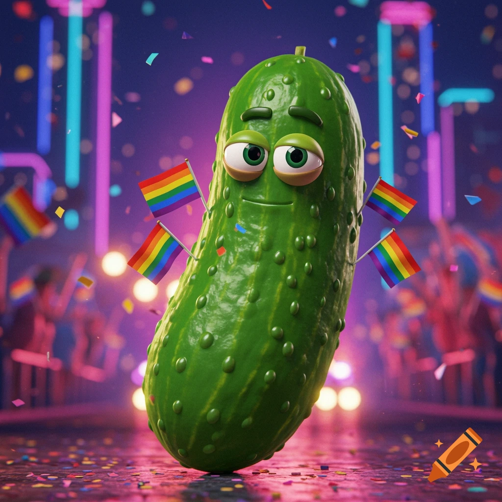 A smiling, cartoon pickle character holds two rainbow pride flags, standing on a confetti-covered floor at a vibrant, brightly lit celebration.