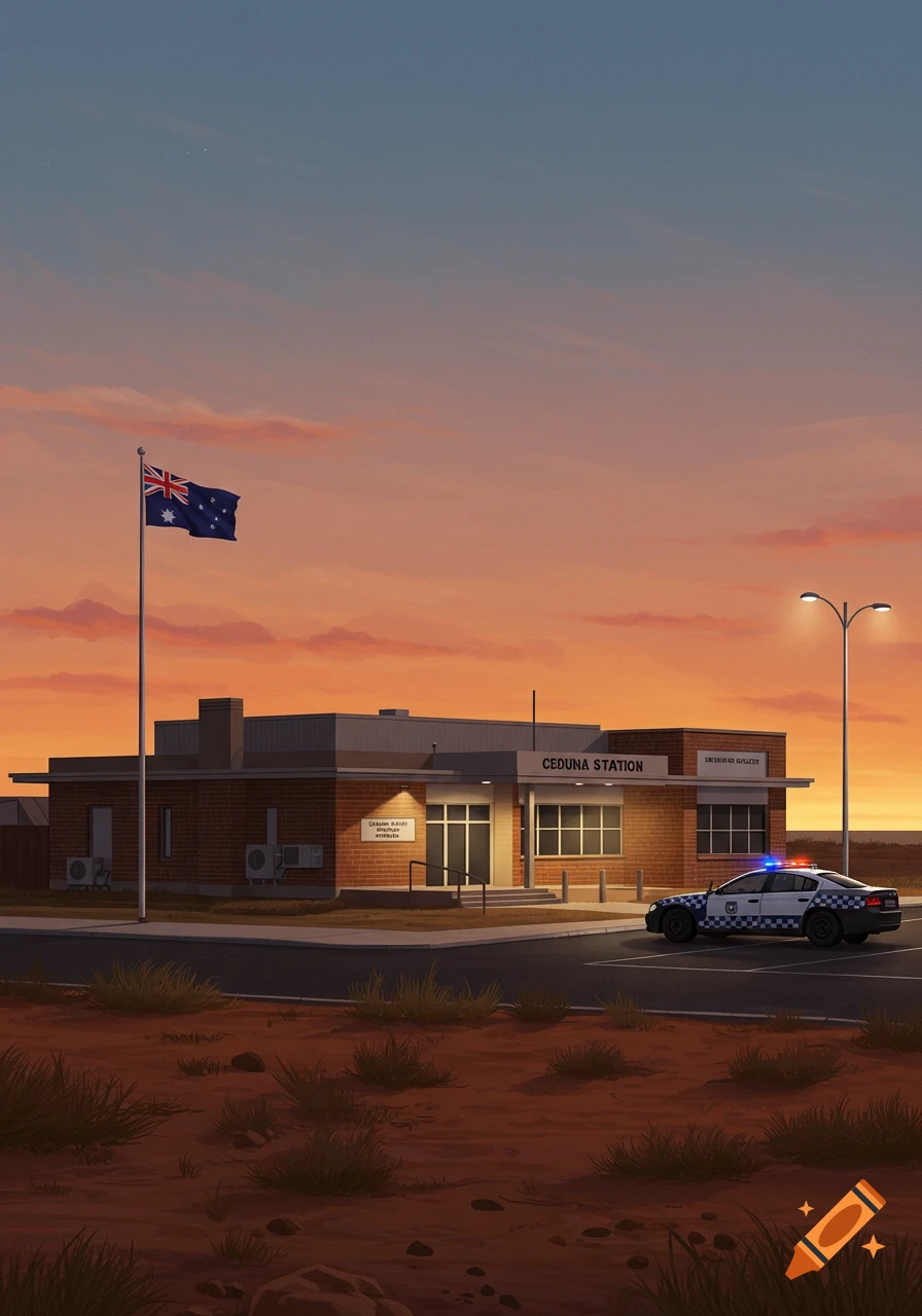 An Australian police station at sunset with an Australian flag flying and a police car parked outside. The sky is orange and blue.