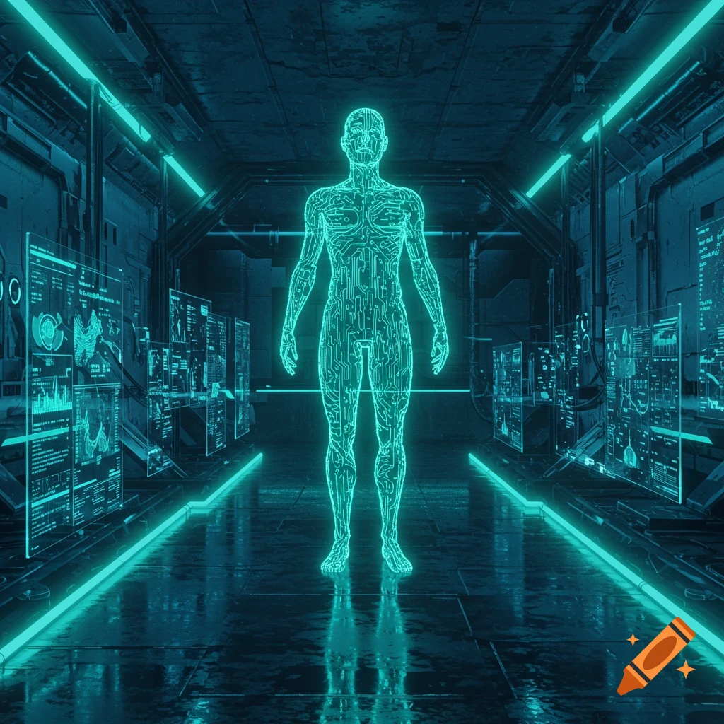 A glowing teal humanoid figure made of circuit lines stands in a dark, futuristic corridor with glowing neon lights and transparent data screens.