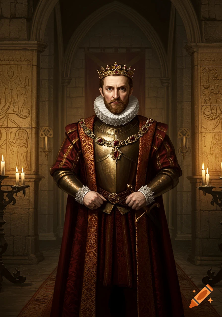 A majestic king in ornate red and gold robes, armor, and a crown stands in a stone castle hall.