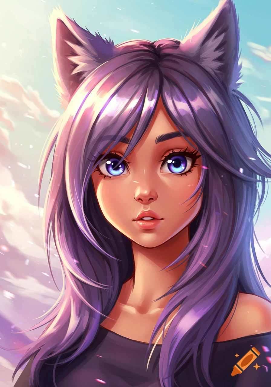 Close-up anime portrait of a girl with long purple hair, wolf ears, and large blue eyes, looking forward.