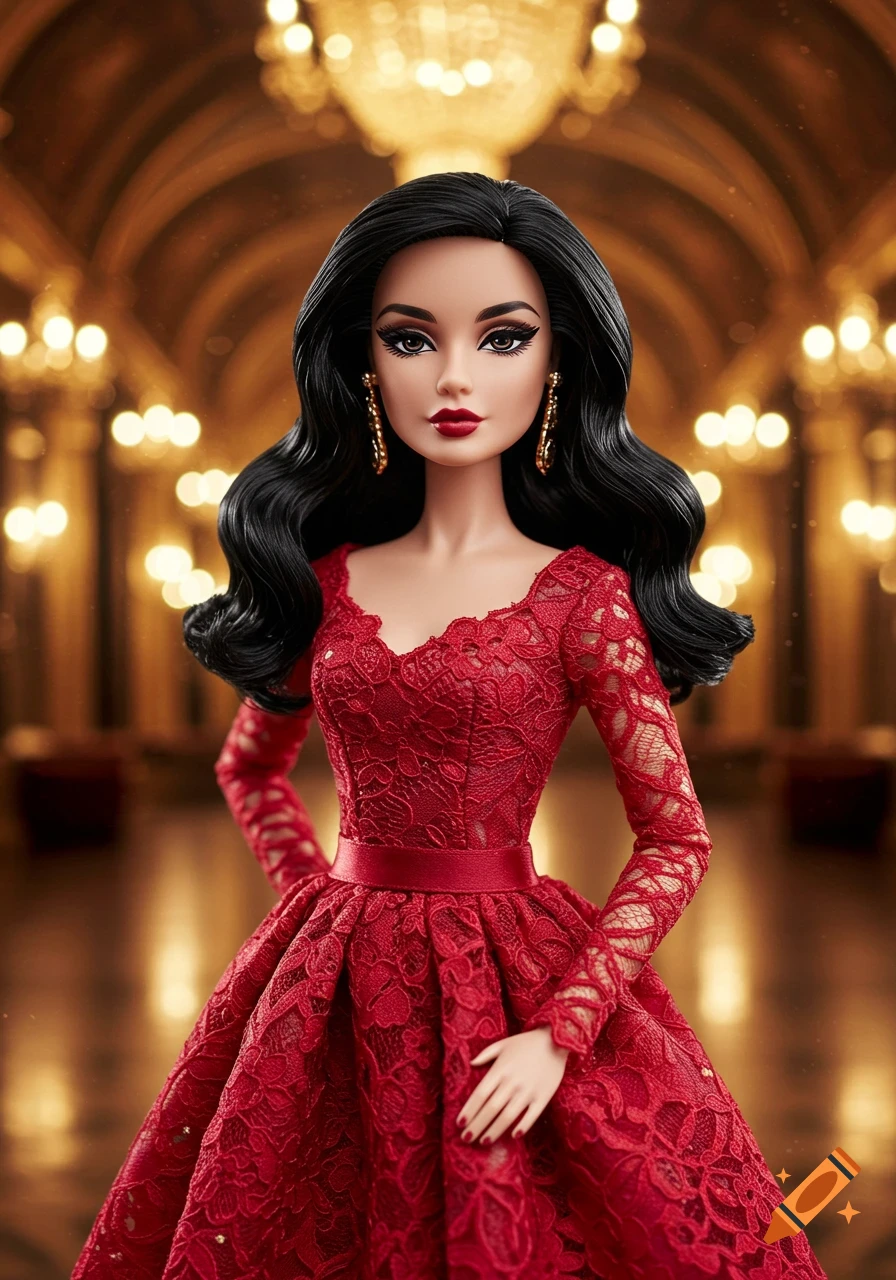 Photorealistic Barbie doll with black hair and a red lace dress in a grand hall.