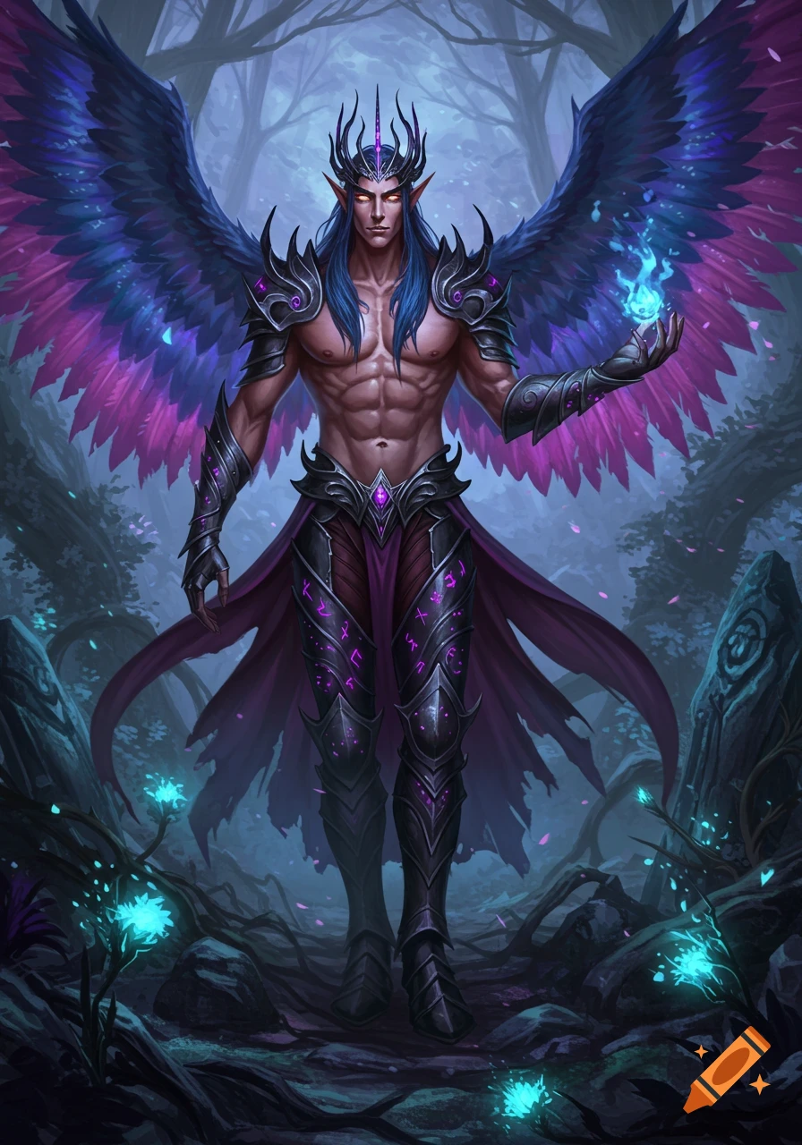 A regal, muscular male fae king with dark blue hair and large iridescent wings, standing in a twilight forest holding a glowing blue flame.
