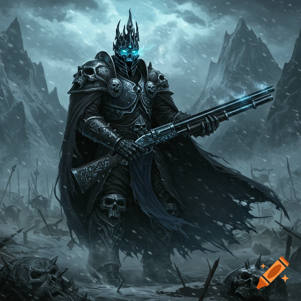 Dark fantasy armored warrior, resembling the Lich King, with glowing blue eyes holds a shotgun in a snowy, skull-strewn battlefield.