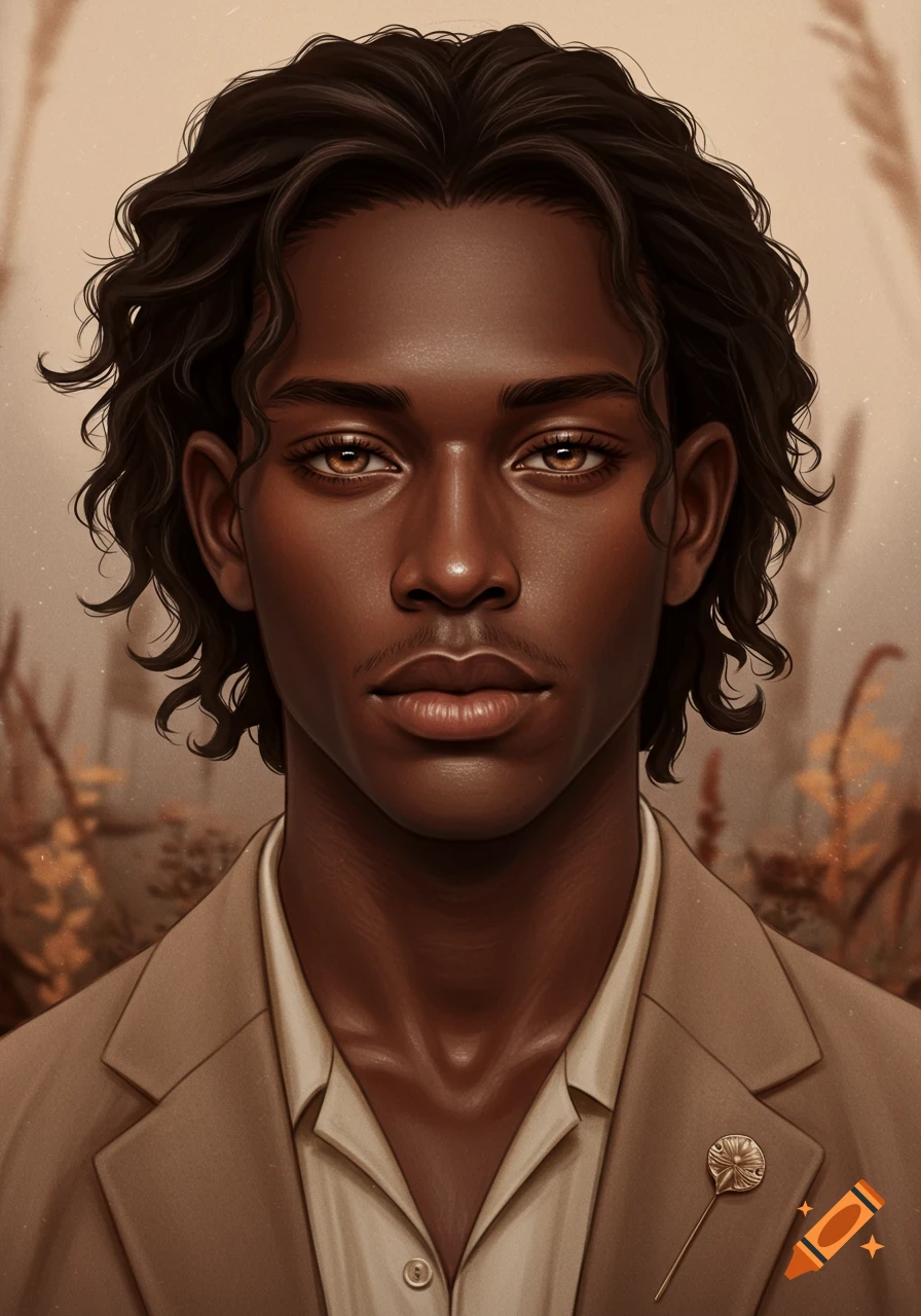 A stylized portrait of a man with dark skin, wavy hair, and warm hazel eyes, wearing a light brown jacket with a pin, against an earthy-toned background.
