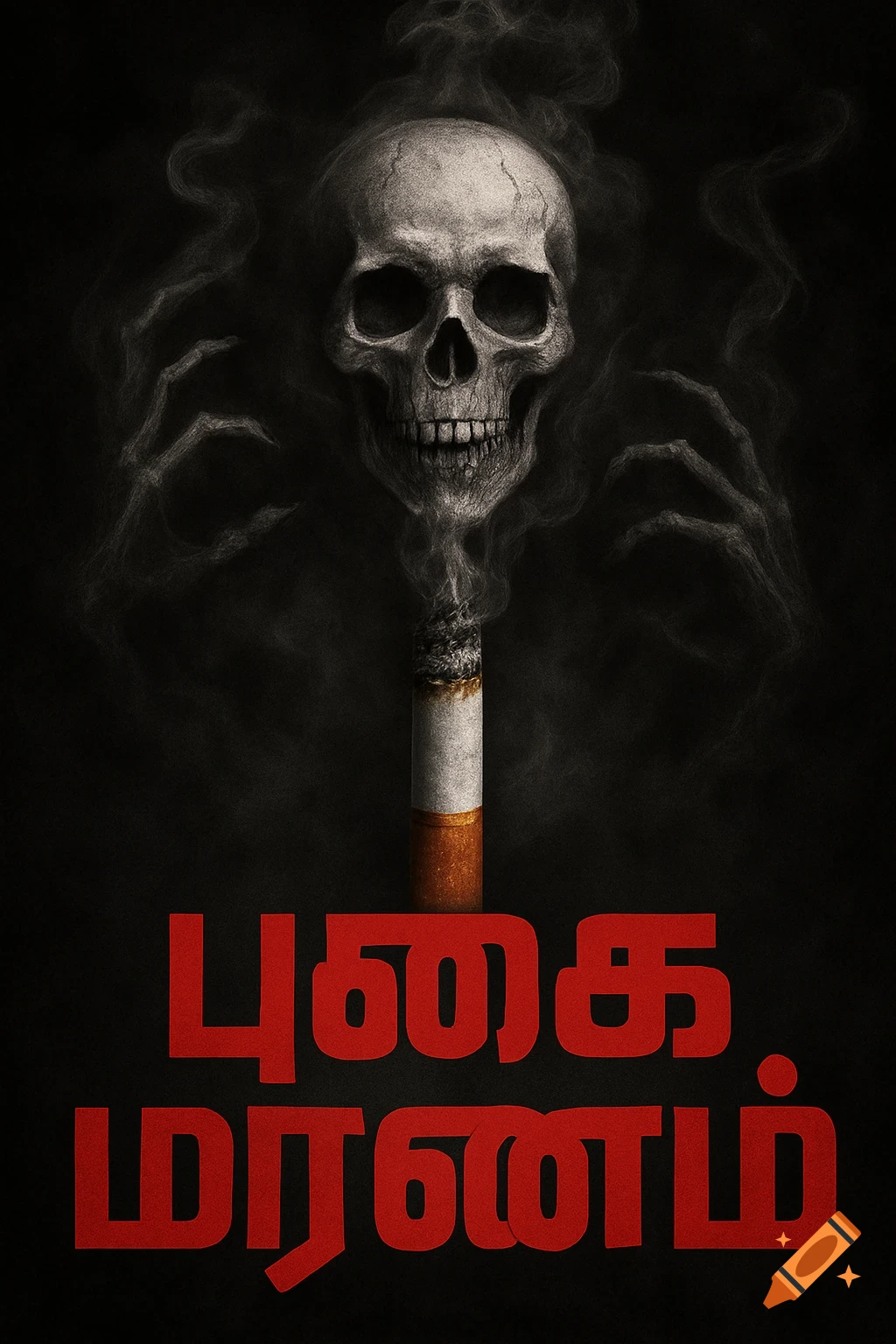 A dark poster featuring a skull emerging from cigarette smoke, with skeletal hands, and red Tamil text warning about smoking.