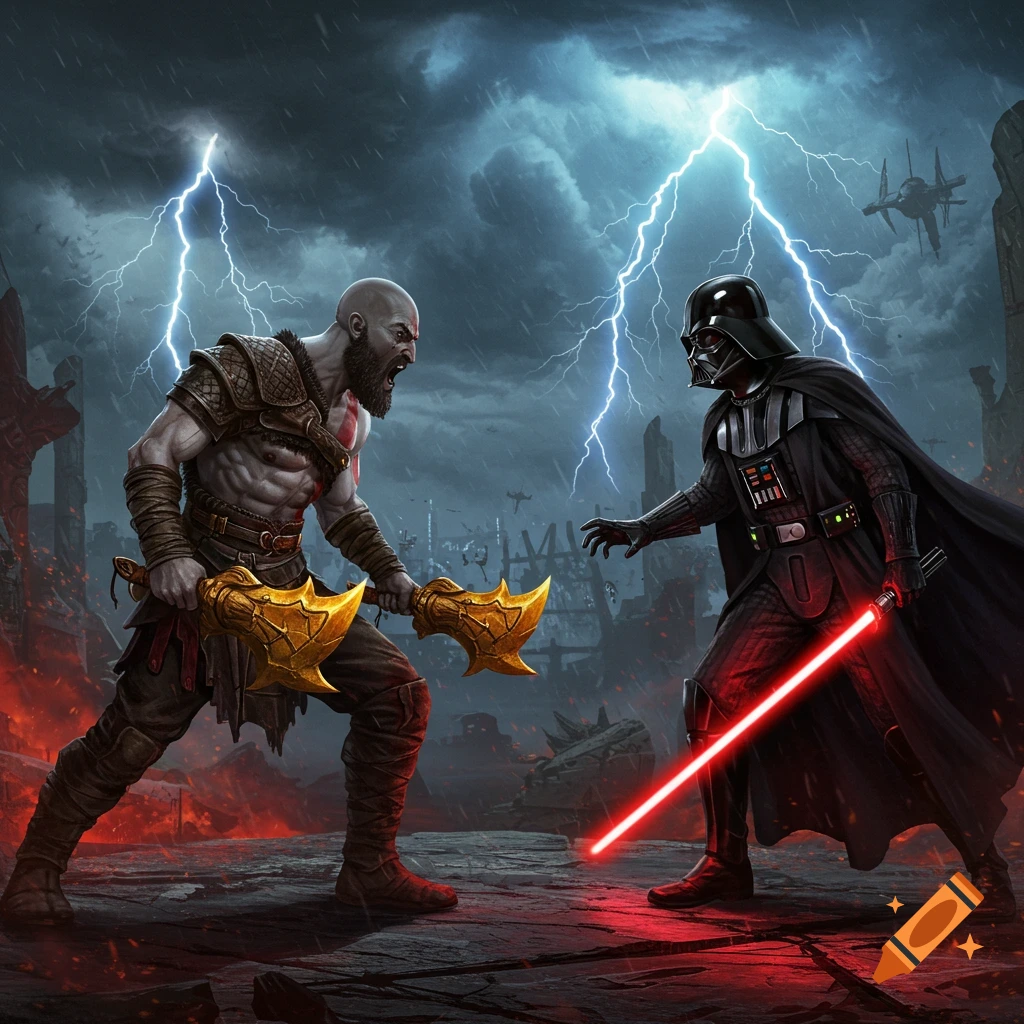 Kratos wielding golden blades faces Darth Vader with a red lightsaber amidst lightning in a ruined landscape.