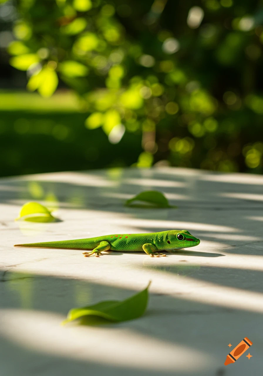 A green gecko lizard is basking on a light-colored marble surface with blurred green leaves and sunlight in the background.