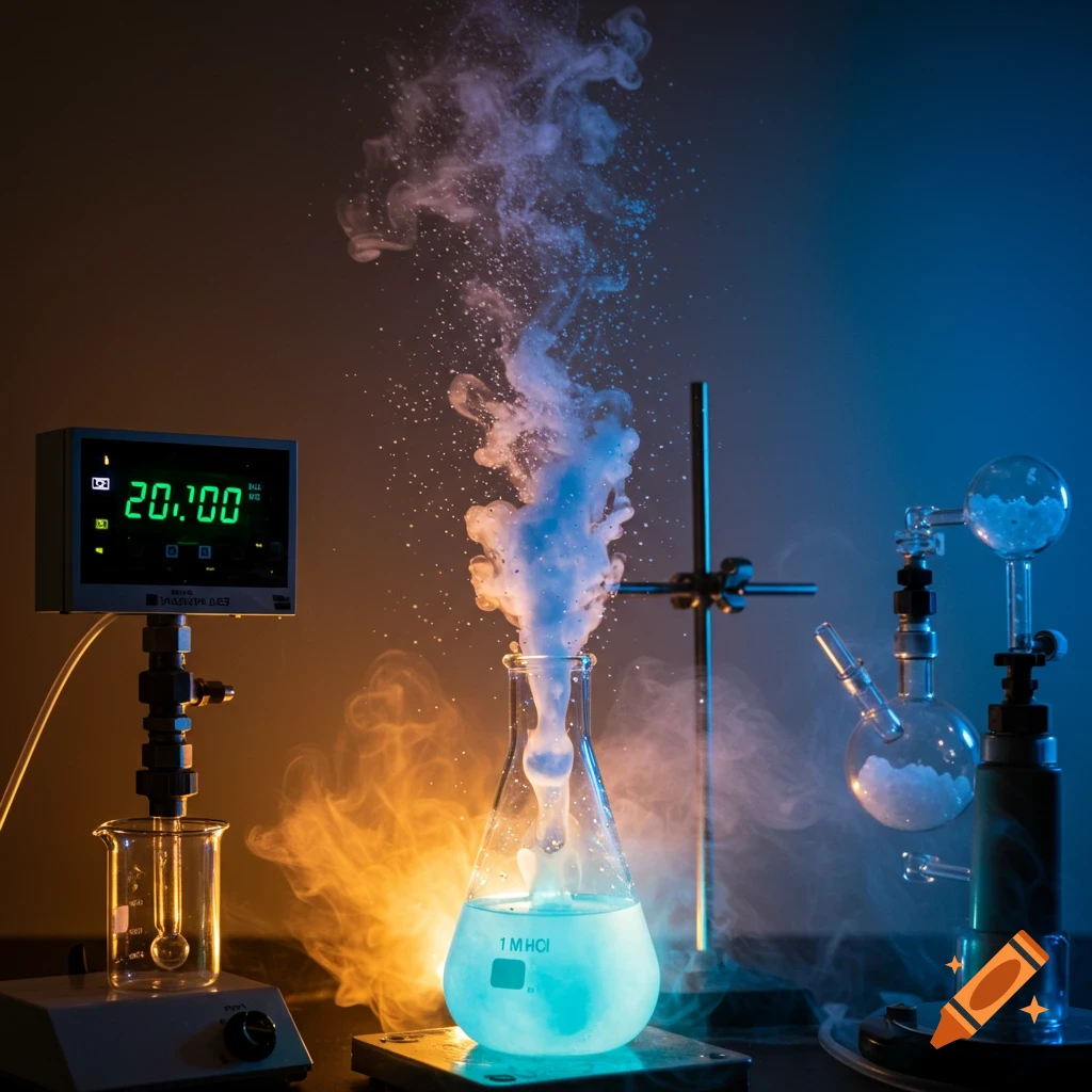 A chemistry experiment in a lab with a flask of glowing blue liquid reacting and emitting smoke, lit by orange and blue light.