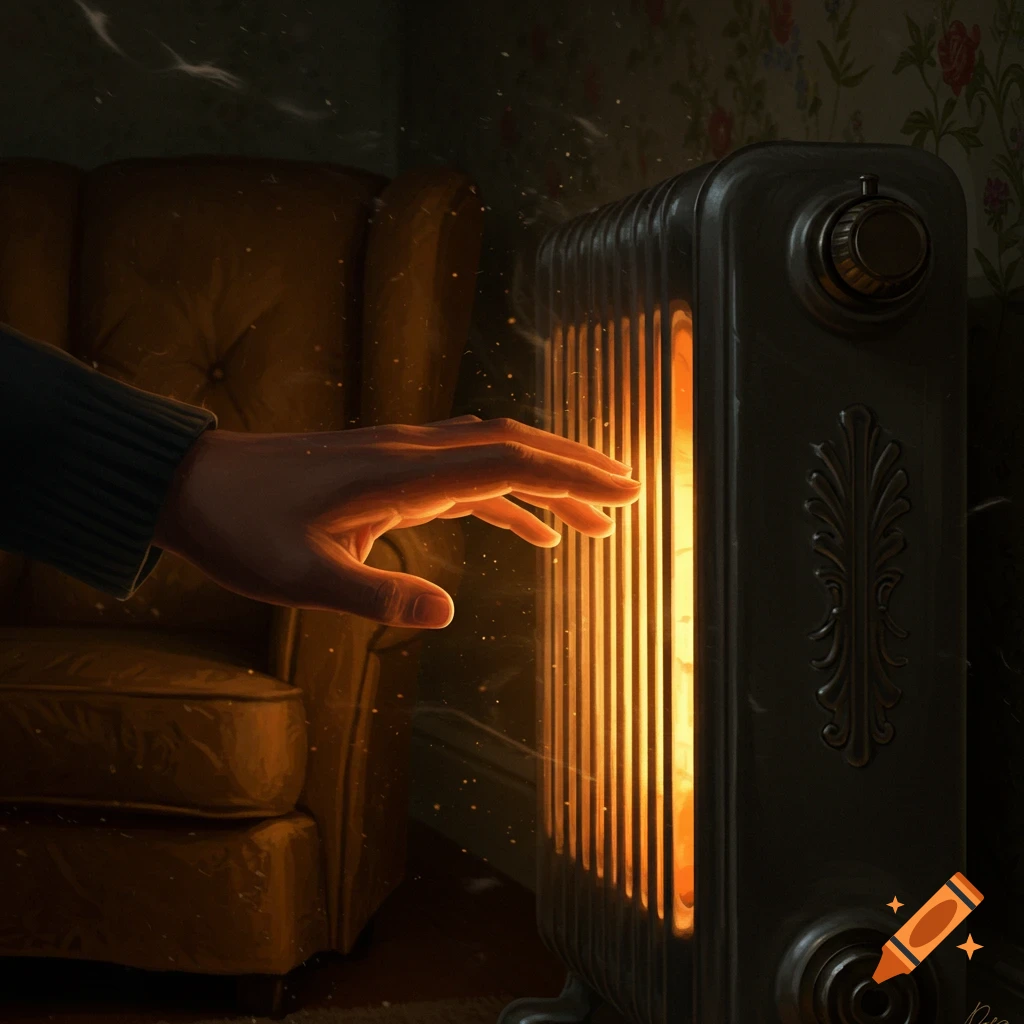 Hand reaching out to feel the warmth of an glowing old-fashioned radiator in a cozy, dimly lit room, illustrative style.