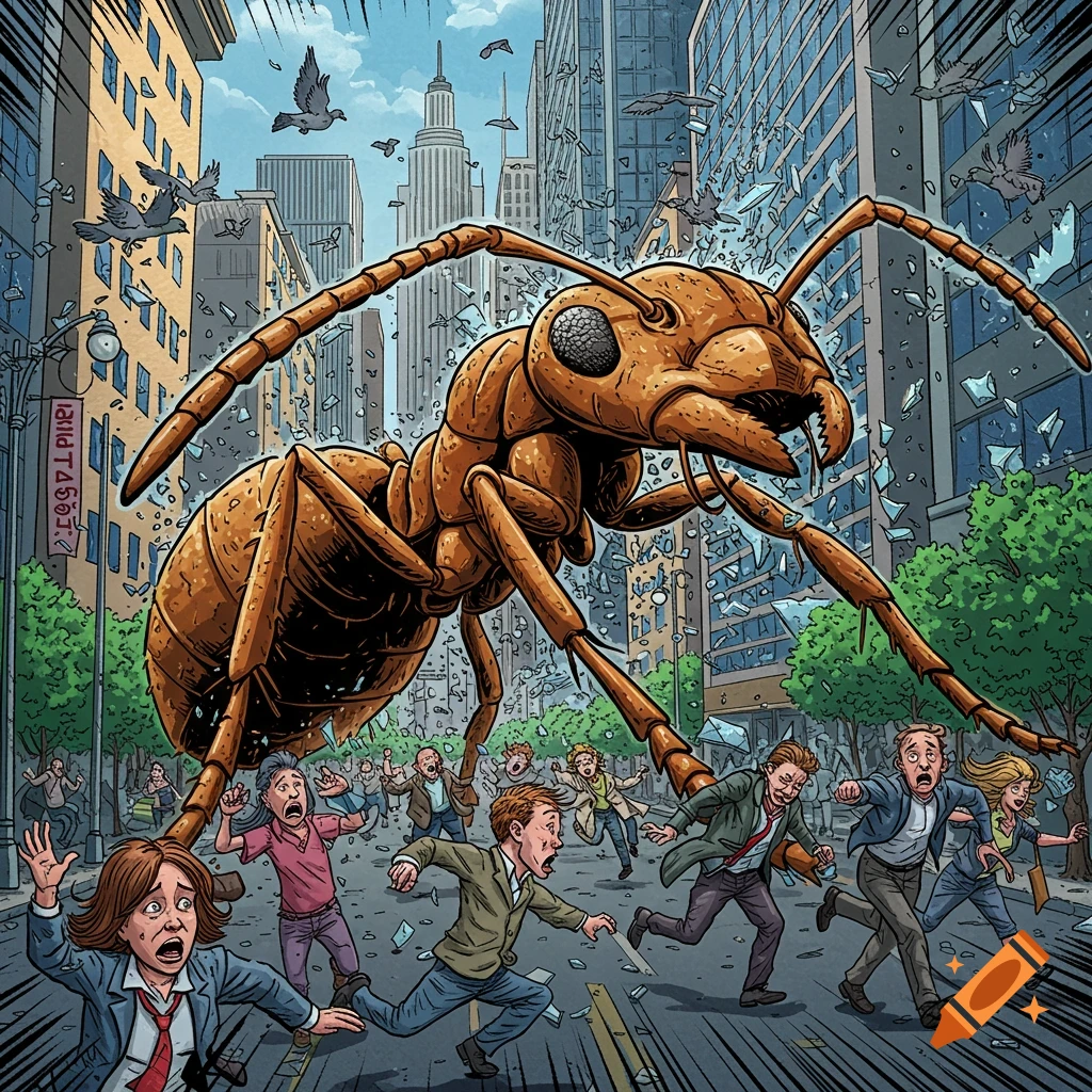 A comic illustration shows a giant ant attacking a city, with terrified people running through shattered glass and debris.