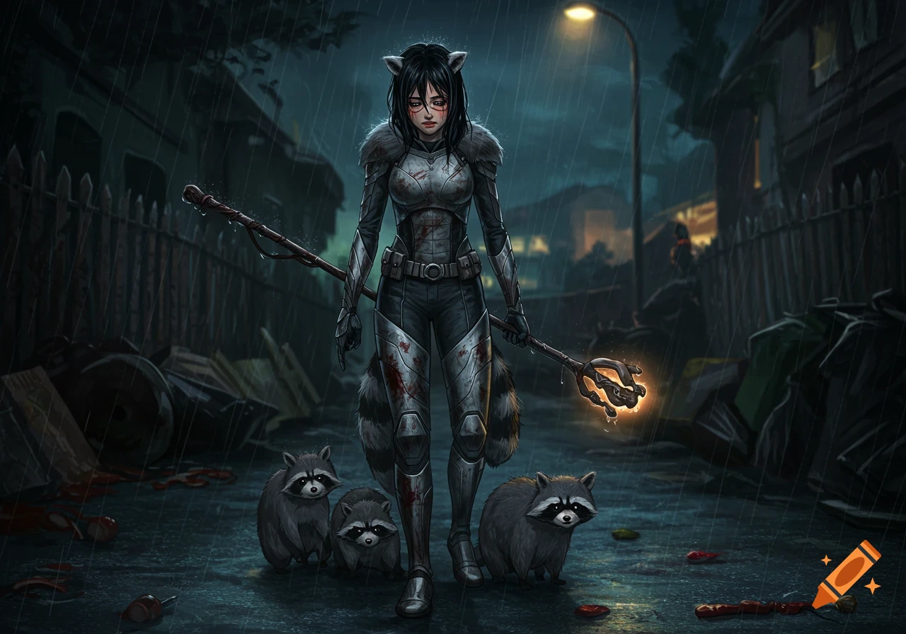 A somber anime girl in raccoon-themed armor with a glowing staff walks in a rainy alley with three small raccoons.