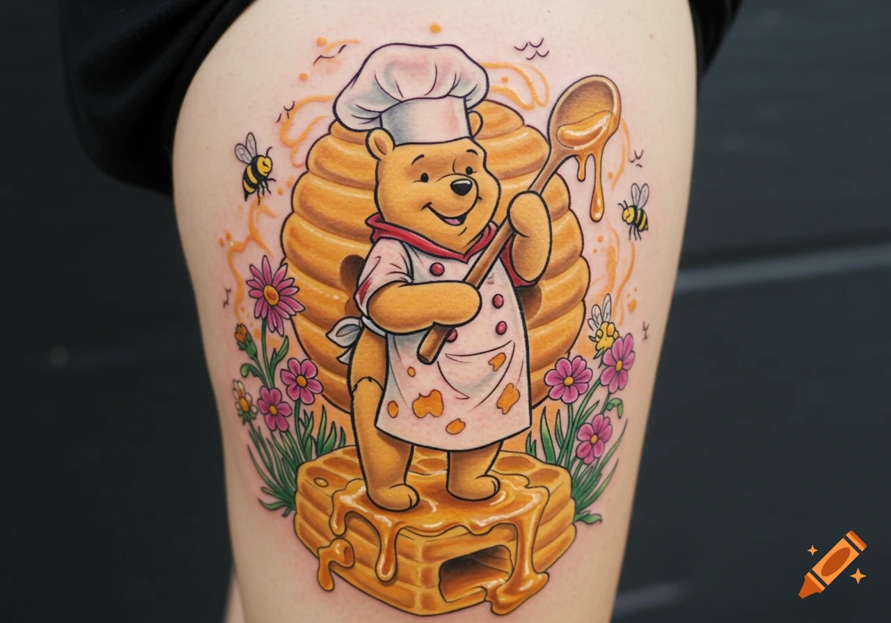 A colorful tattoo of Winnie the Pooh dressed as a chef, holding a spoon with honey, standing on a honeycomb, surrounded by flowers and bees.