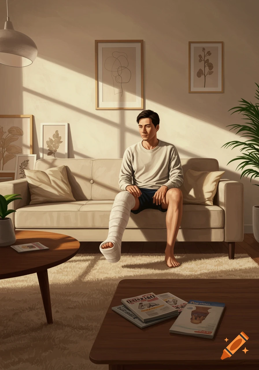 A man with a leg cast sits on a couch in a sunlit living room.
