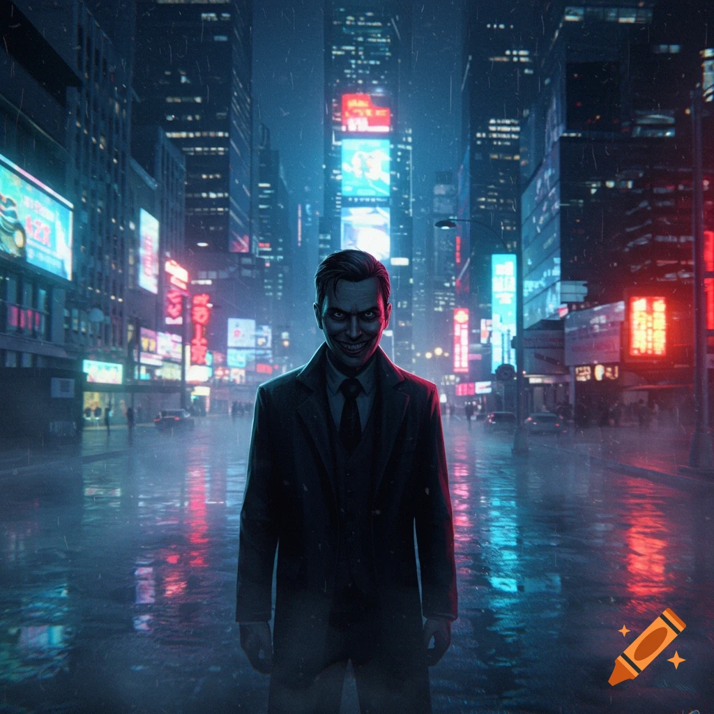A creepy smiling man in a suit stands on a rainy city street at night, illuminated by neon lights from surrounding skyscrapers.