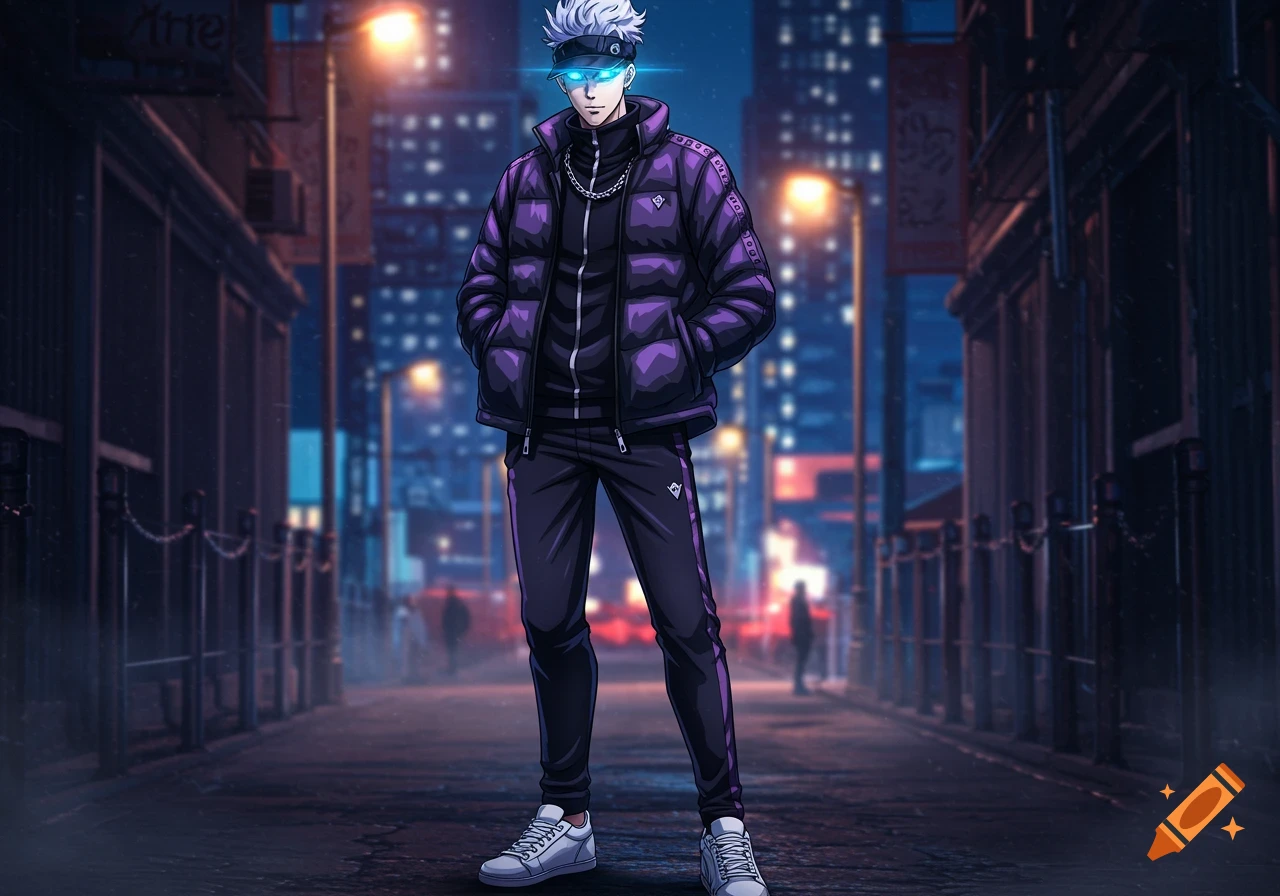 Anime character Gojo Satoru in a purple puffer jacket and tracksuit with glowing blue eyes, standing on a dark urban street at night.