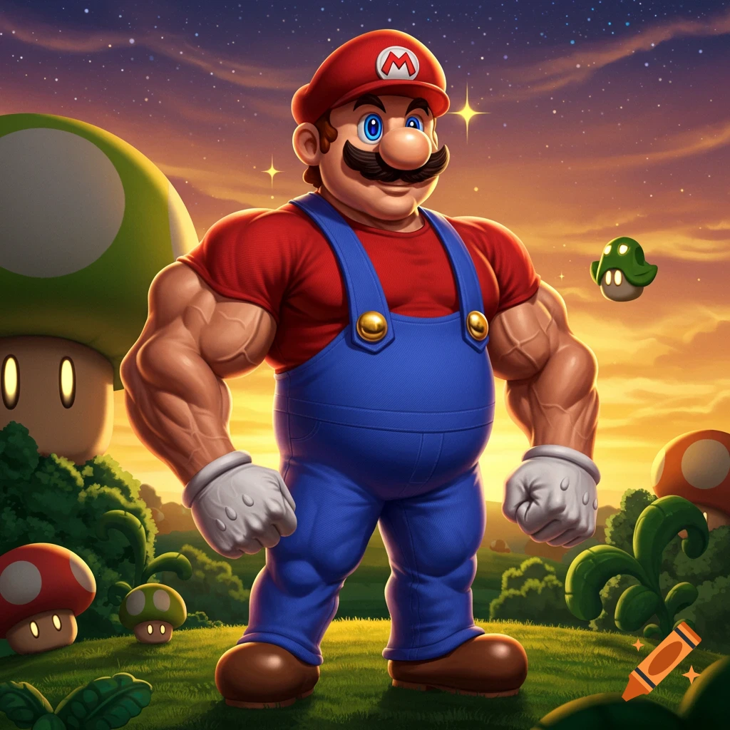A muscular Mario stands in a vibrant mushroom kingdom landscape under a starry, sunset sky.