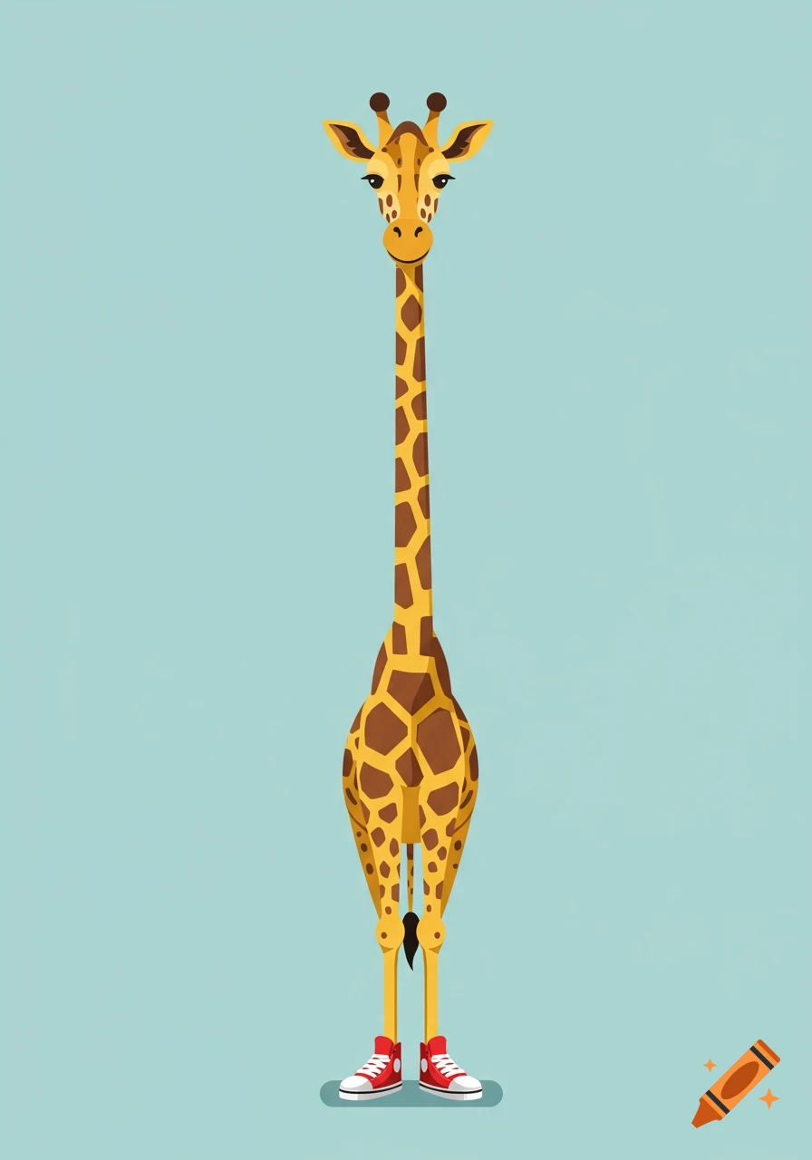 A minimalist cartoon illustration of a giraffe with a long neck, standing front-on and wearing red high-top sneakers against a light blue background.
