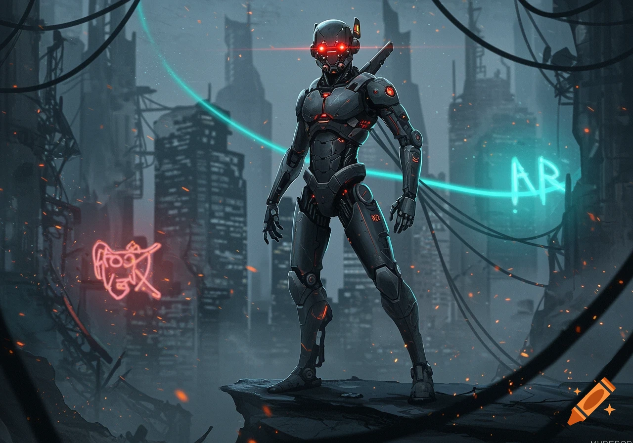 A futuristic grey and black robot with glowing red eyes stands on a rooftop in a dystopian city with neon signs and wires.