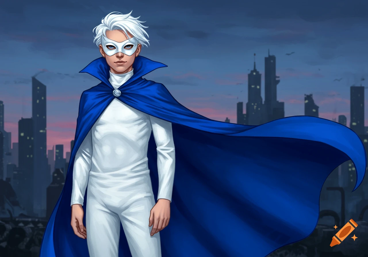 An illustration of a teenage boy with white hair, a white mask, white suit, and a blue cape, standing against a city skyline at dusk.